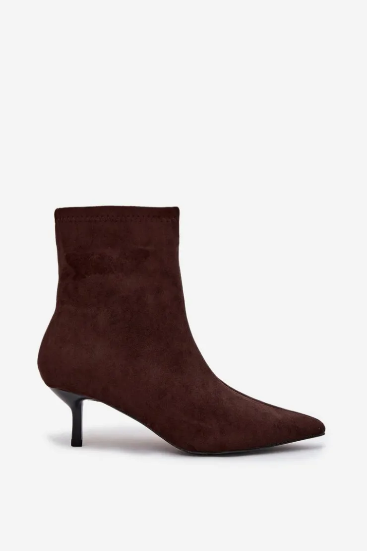 Damskie Boto Ocieplane Botki Damskie Na Szpilce Eko Zamszowe Czekoladowe Belisse