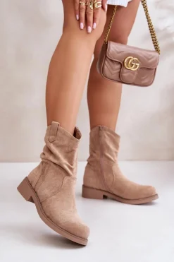 Boto Botki Zimowe Damskie|Brązowe I Beżowe Botki*Ocieplane Botki Damskie Z Marszczeniem I Zdobieniem Beżowe Etteara