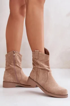 Boto Botki Zimowe Damskie|Brązowe I Beżowe Botki*Ocieplane Botki Damskie Z Marszczeniem I Zdobieniem Beżowe Etteara