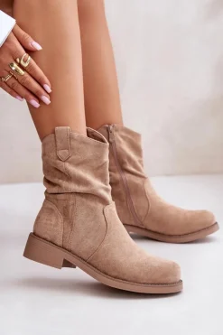 Boto Botki Zimowe Damskie|Brązowe I Beżowe Botki*Ocieplane Botki Damskie Z Marszczeniem I Zdobieniem Beżowe Etteara