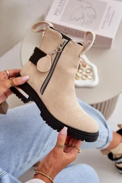 Damskie Boto Ocieplane Botki Damskie Z Suwakiem Beżowe Calvaro