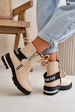 Damskie Boto Ocieplane Botki Damskie Z Suwakiem Beżowe Calvaro