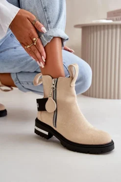 Damskie Boto Ocieplane Botki Damskie Z Suwakiem Beżowe Calvaro