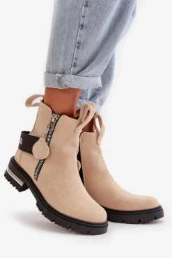 Damskie Boto Ocieplane Botki Damskie Z Suwakiem Beżowe Calvaro