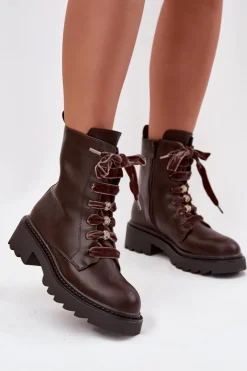Boto Ocieplane Botki Damskie Z Ozdobnym Sznurowaniem Czekoladowe Elindra Brązowy