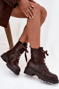 Boto Ocieplane Botki Damskie Z Ozdobnym Sznurowaniem Czekoladowe Elindra Brązowy