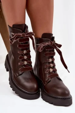 Boto Ocieplane Botki Damskie Z Ozdobnym Sznurowaniem Czekoladowe Elindra Brązowy