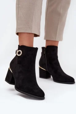 Discount Boto Ocieplane Botki Damskie Ze Złotymi Detalami Na Słupku Czarne Dorisse Czarny