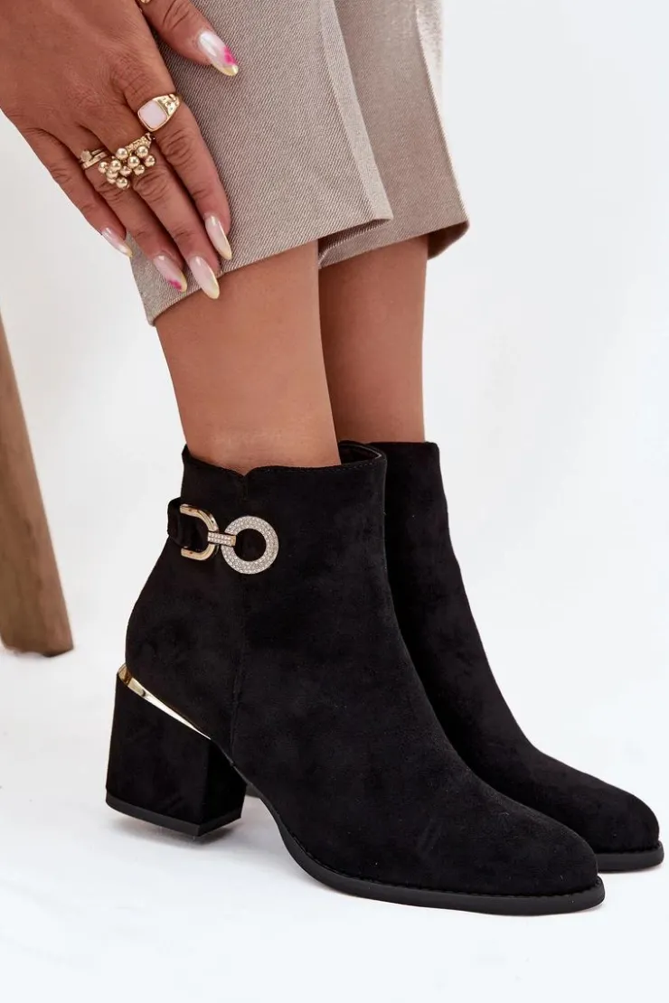 Discount Boto Ocieplane Botki Damskie Ze Złotymi Detalami Na Słupku Czarne Dorisse Czarny