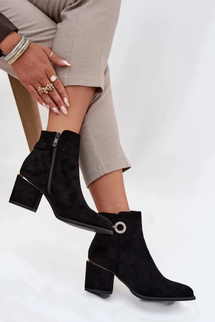 Discount Boto Ocieplane Botki Damskie Ze Złotymi Detalami Na Słupku Czarne Dorisse Czarny