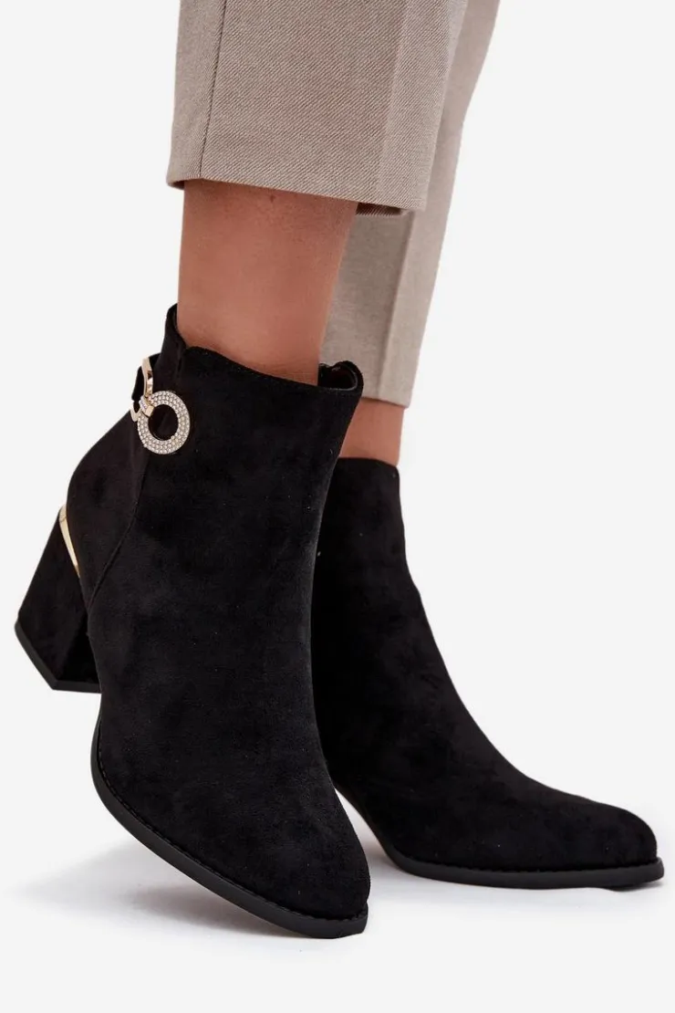 Discount Boto Ocieplane Botki Damskie Ze Złotymi Detalami Na Słupku Czarne Dorisse Czarny