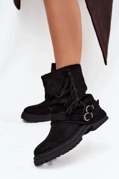 Damskie Boto Ocieplane Botki Damskie Z Frędzlami I Klarami Na Płaskim Obcasie Czarne Helianne