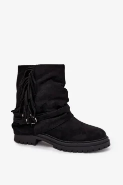Damskie Boto Ocieplane Botki Damskie Z Frędzlami I Klarami Na Płaskim Obcasie Czarne Helianne