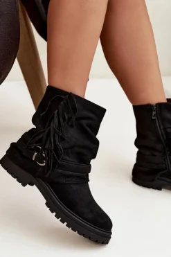 Damskie Boto Ocieplane Botki Damskie Z Frędzlami I Klarami Na Płaskim Obcasie Czarne Helianne