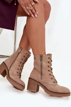 Damskie Boto Ocieplane Botki Damskie Ze Sznurowaniem I Suwakami Beżowe Paressa