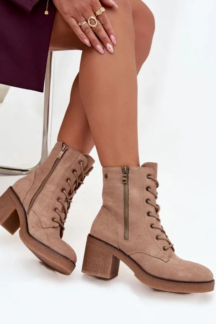 Damskie Boto Ocieplane Botki Damskie Ze Sznurowaniem I Suwakami Beżowe Paressa