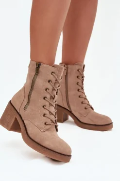 Damskie Boto Ocieplane Botki Damskie Ze Sznurowaniem I Suwakami Beżowe Paressa