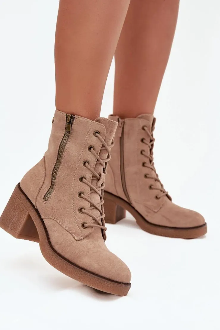 Damskie Boto Ocieplane Botki Damskie Ze Sznurowaniem I Suwakami Beżowe Paressa