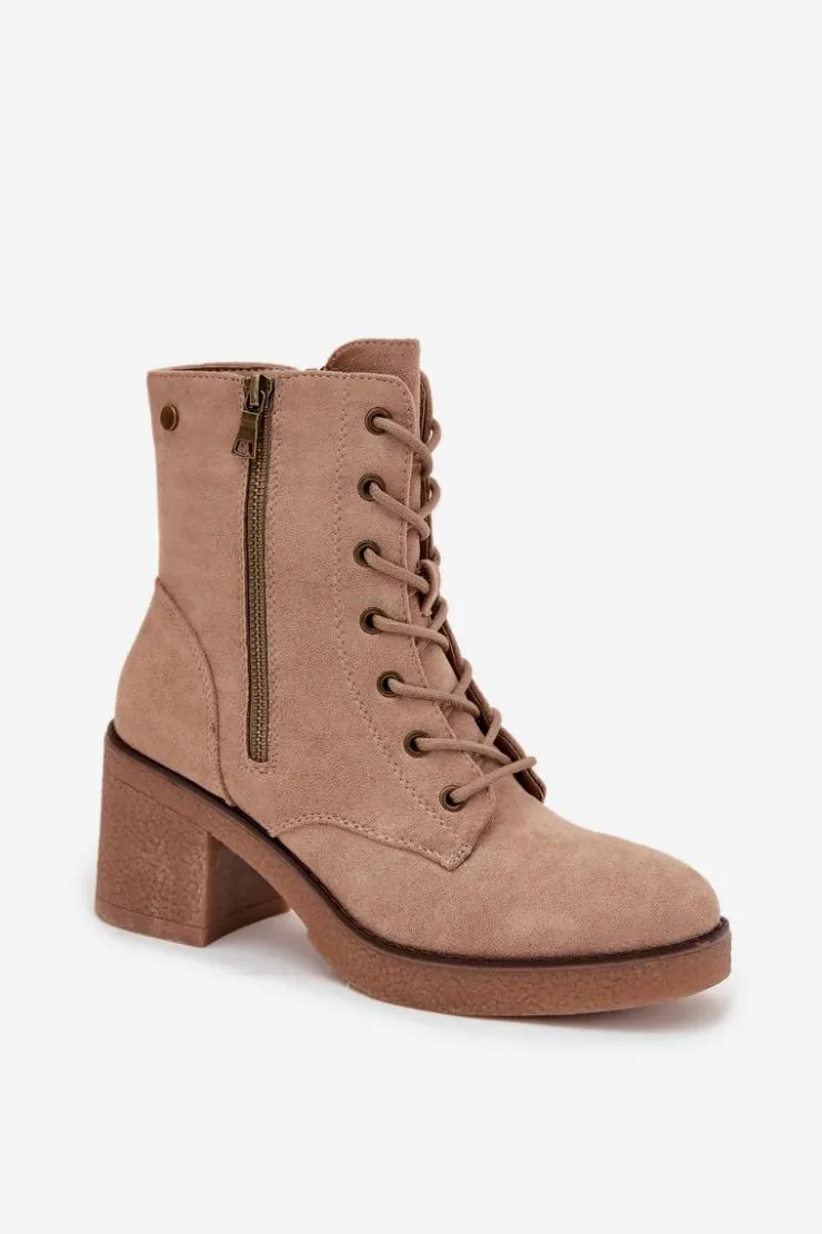 Damskie Boto Ocieplane Botki Damskie Ze Sznurowaniem I Suwakami Beżowe Paressa