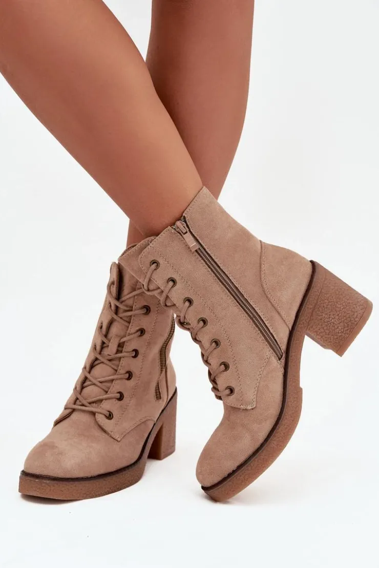 Damskie Boto Ocieplane Botki Damskie Ze Sznurowaniem I Suwakami Beżowe Paressa