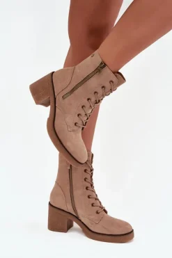 Damskie Boto Ocieplane Botki Damskie Ze Sznurowaniem I Suwakami Beżowe Paressa