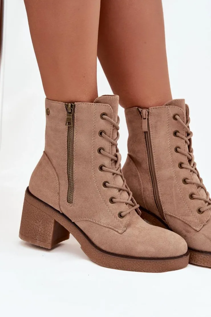 Damskie Boto Ocieplane Botki Damskie Ze Sznurowaniem I Suwakami Beżowe Paressa