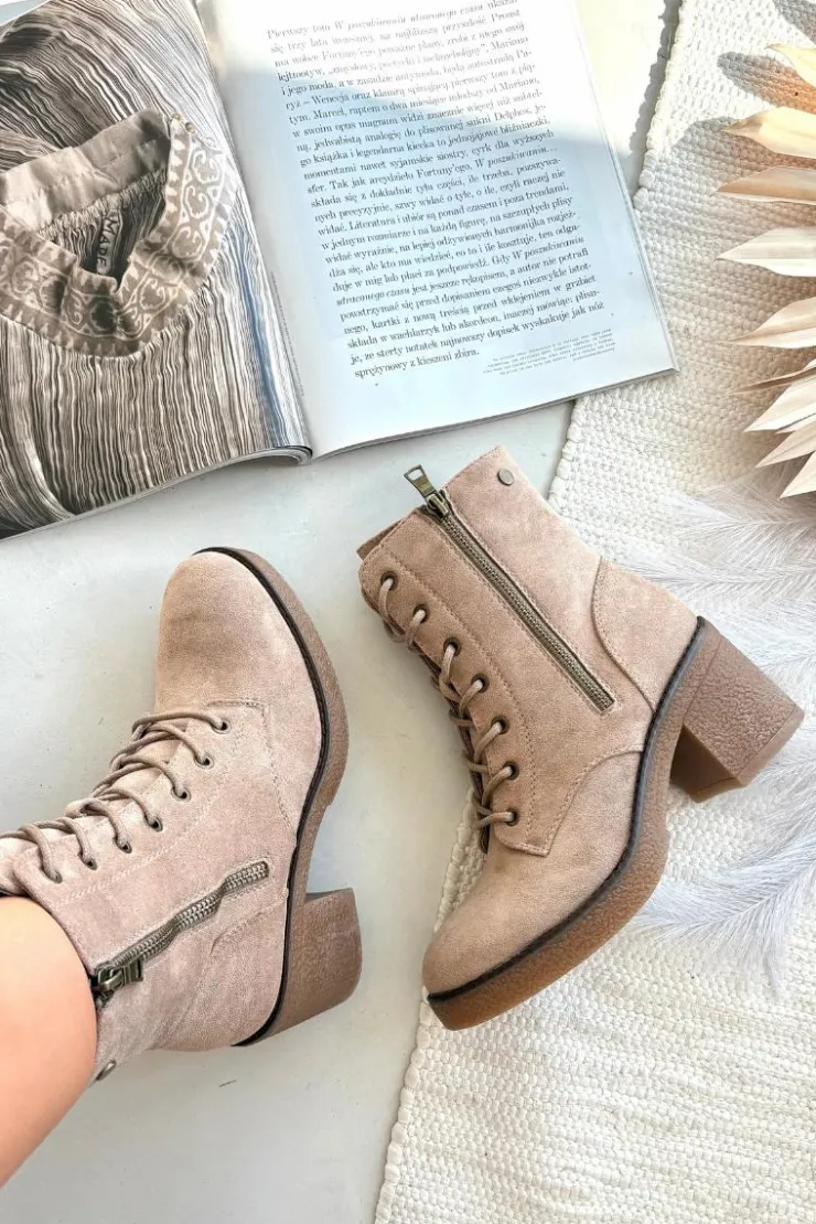Damskie Boto Ocieplane Botki Damskie Ze Sznurowaniem I Suwakami Beżowe Paressa