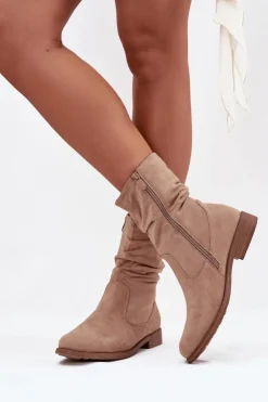 Boto Ocieplane Botki Damskie Z Marszczoną Cholewką Na Płaskim Obcasie Beżowe Krisia