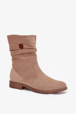 Boto Ocieplane Botki Damskie Z Marszczoną Cholewką Na Płaskim Obcasie Beżowe Krisia