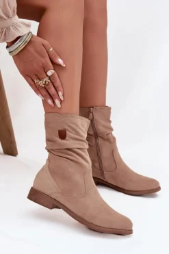 Boto Ocieplane Botki Damskie Z Marszczoną Cholewką Na Płaskim Obcasie Beżowe Krisia