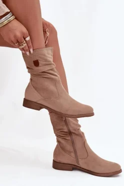 Boto Ocieplane Botki Damskie Z Marszczoną Cholewką Na Płaskim Obcasie Beżowe Krisia