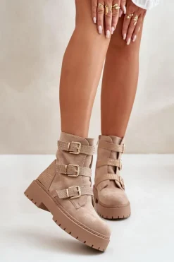 Damskie Boto Ocieplane Botki Damskie Z Klamrami Beżowe Tiaeliana