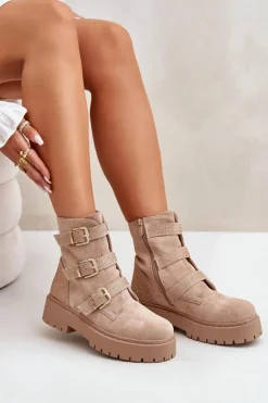 Damskie Boto Ocieplane Botki Damskie Z Klamrami Beżowe Tiaeliana