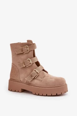 Damskie Boto Ocieplane Botki Damskie Z Klamrami Beżowe Tiaeliana