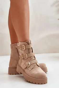 Damskie Boto Ocieplane Botki Damskie Z Klamrami Beżowe Tiaeliana
