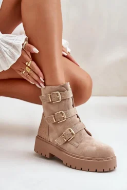 Damskie Boto Ocieplane Botki Damskie Z Klamrami Beżowe Tiaeliana