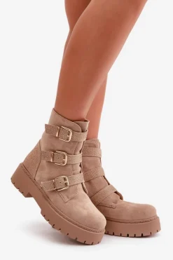 Damskie Boto Ocieplane Botki Damskie Z Klamrami Beżowe Tiaeliana