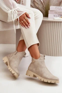 Damskie Boto Ocieplane Botki Damskie Z Przetarciami Eko Skórzane Złote Verietta