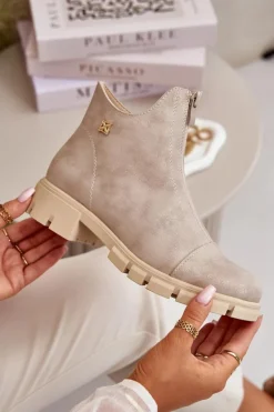 Damskie Boto Ocieplane Botki Damskie Z Przetarciami Eko Skórzane Złote Verietta