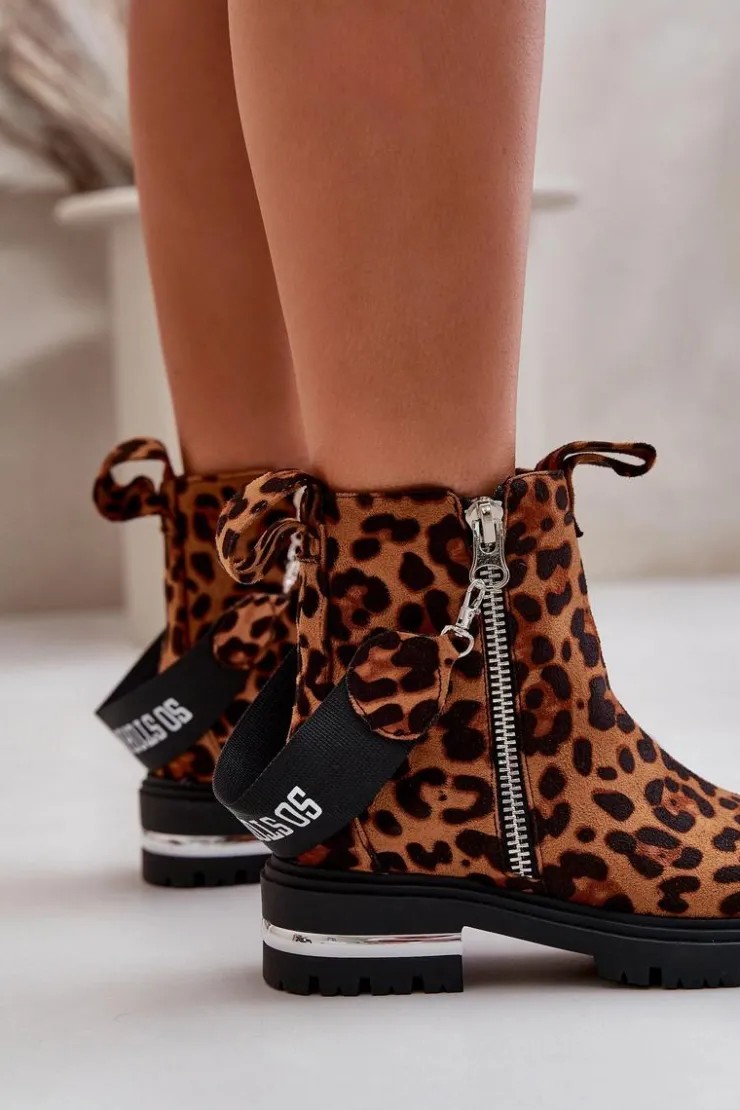 Boto Botki Zimowe Damskie|Botki Płaskie*Ocieplane Botki Damskie Z Suwakiem Panterka Brązowe Calvaro