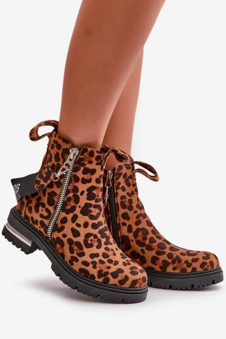 Boto Botki Zimowe Damskie|Botki Płaskie*Ocieplane Botki Damskie Z Suwakiem Panterka Brązowe Calvaro