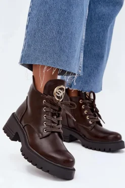 Damskie Boto Ocieplane Botki Damskie Ze Złotym Detalem Czekoladowe Kavirae