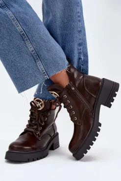 Damskie Boto Ocieplane Botki Damskie Ze Złotym Detalem Czekoladowe Kavirae