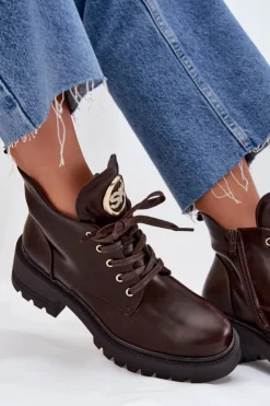 Damskie Boto Ocieplane Botki Damskie Ze Złotym Detalem Czekoladowe Kavirae