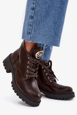 Damskie Boto Ocieplane Botki Damskie Ze Złotym Detalem Czekoladowe Kavirae