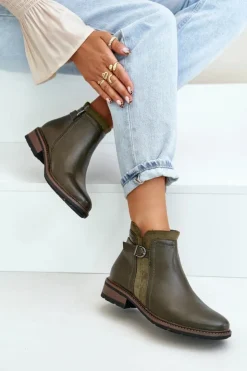 Hot Boto Ocieplane Botki Damskie Z Niską Cholewką Na Zamek Eko Skórzane Ciemnozielone Taitha