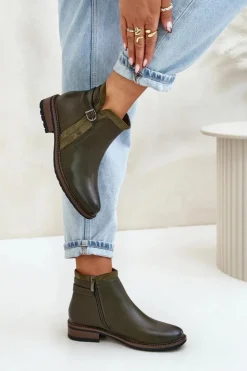 Hot Boto Ocieplane Botki Damskie Z Niską Cholewką Na Zamek Eko Skórzane Ciemnozielone Taitha