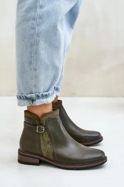 Hot Boto Ocieplane Botki Damskie Z Niską Cholewką Na Zamek Eko Skórzane Ciemnozielone Taitha