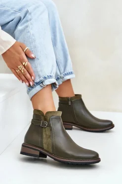 Hot Boto Ocieplane Botki Damskie Z Niską Cholewką Na Zamek Eko Skórzane Ciemnozielone Taitha