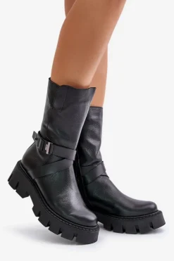 Sale Laura Messi Ocieplane Botki Damskie Ze Skóry Naturalnej 2859 Czarne